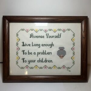 80's Cross Stitch Wooden Framed Funny Kids Needlepoint